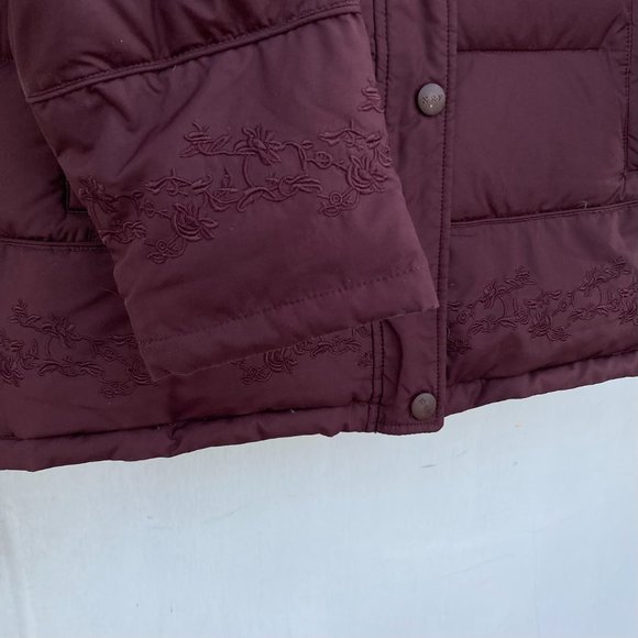 Down Puffer Jacket  Maroon Burgundy Embroidered Coat with Fur Trim - Picture 3 of 15